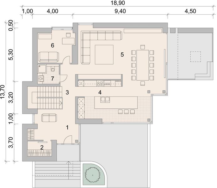 Projekt domu LK&1519 - rzut parteru, dom liczy 4 pokoje, 3 łazienki i wc