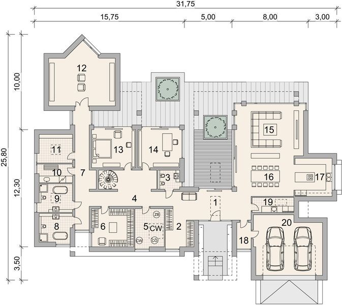 Projekt domu LK&1517 - rzut parteru, dom liczy 3 pokoje, 3 łazienki i wc