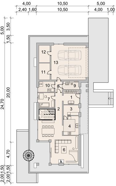 Projekt domu LK&1516 - rzut parteru, dom liczy 4 pokoje, 2 łazienki i wc