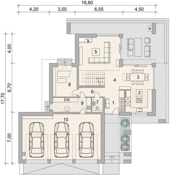 Projekt domu LK&1515 - rzut parteru, dom liczy 3 pokoje, 3 łazienki i wc