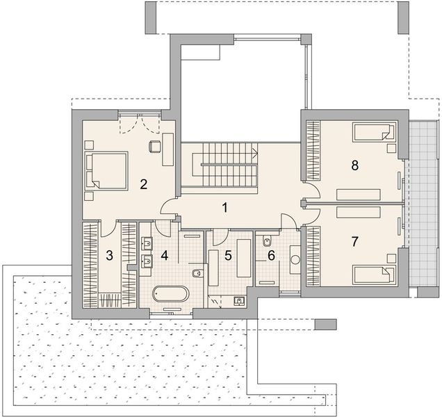 Projekt domu LK&1515 - rzut 1 piętra, dom liczy 3 pokoje, 3 łazienki i wc