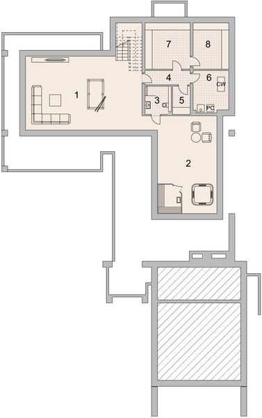 Projekt domu LK&1513 - rzut piwnicy, dom liczy 6 pokoje, 4 łazienki i wc