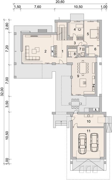 Projekt domu LK&1513 - rzut parteru, dom liczy 6 pokoje, 4 łazienki i wc
