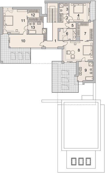Projekt domu LK&1513 - rzut 1 piętra, dom liczy 6 pokoje, 4 łazienki i wc