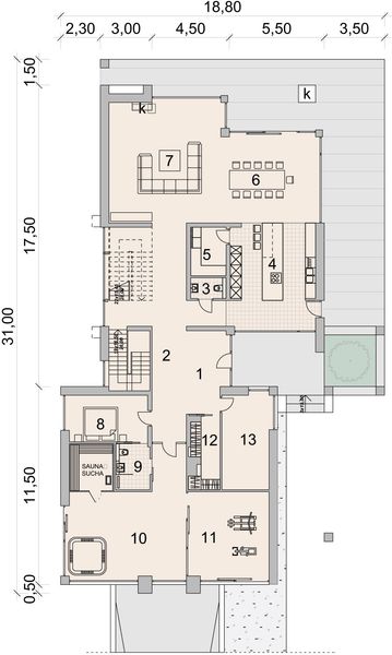 Projekt domu LK&1510 - rzut parteru, dom liczy 5 pokoje, 4 łazienki i wc