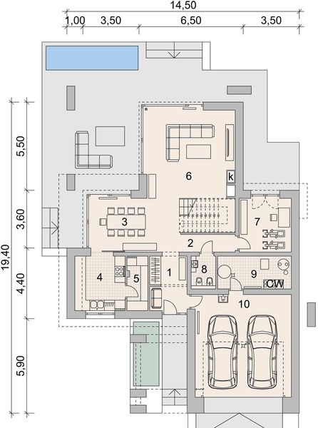 Projekt domu LK&1484 - rzut parteru, dom liczy 3 pokoje, 3 łazienki i wc
