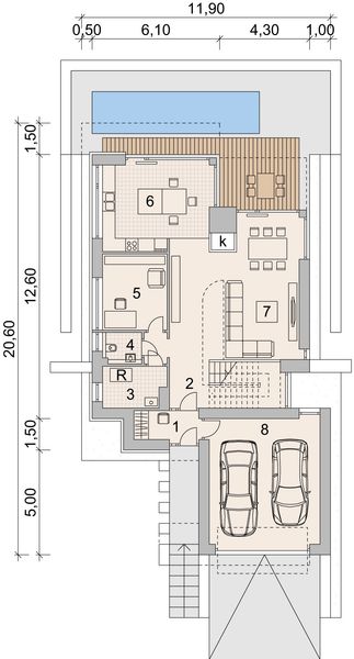 Projekt domu LK&1482 - rzut parteru, dom liczy 4 pokoje, 2 łazienki i wc