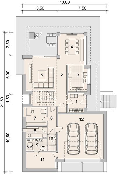 Projekt domu LK&1475 - rzut parteru, dom liczy 4 pokoje, 2 łazienki i wc