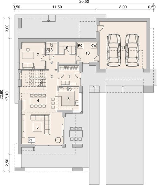 Projekt domu LK&1473 - rzut parteru, dom liczy 4 pokoje, 3 łazienki i wc
