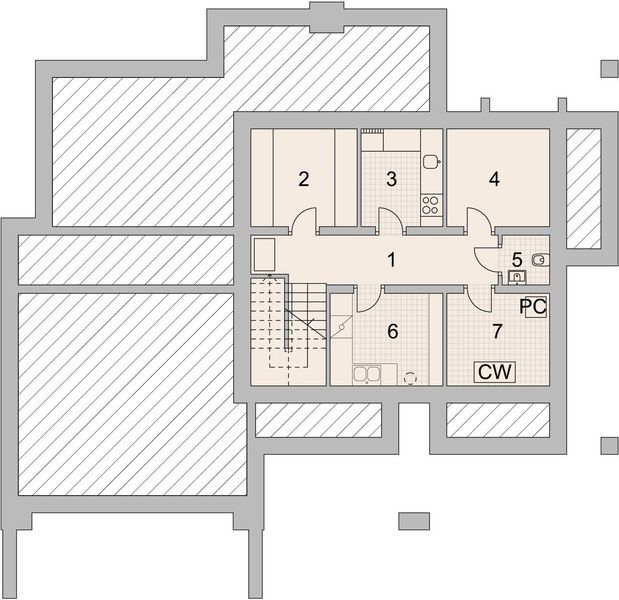 Projekt domu LK&1471 - rzut piwnicy, dom liczy 4 pokoje, 2 łazienki i wc