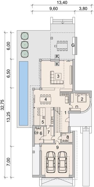 Projekt domu LK&1465 - rzut parteru, dom liczy 4 pokoje, 3 łazienki i wc