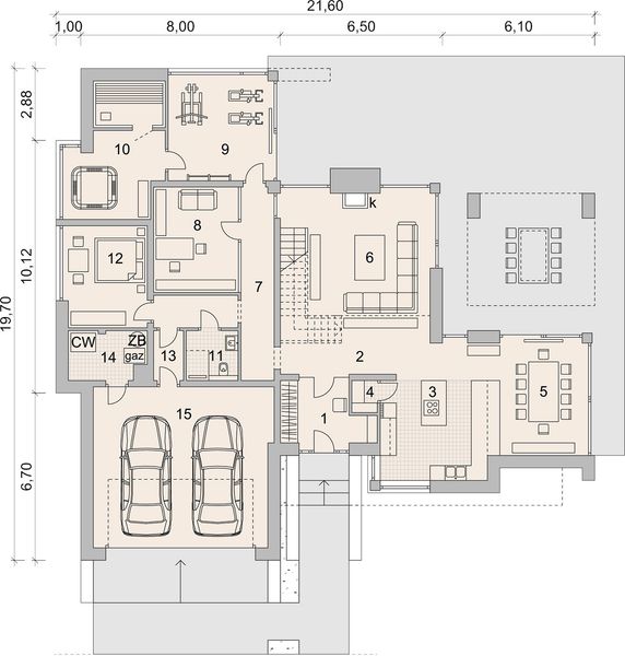 Projekt domu LK&1461 - rzut parteru, dom liczy 5 pokoje, 3 łazienki i wc