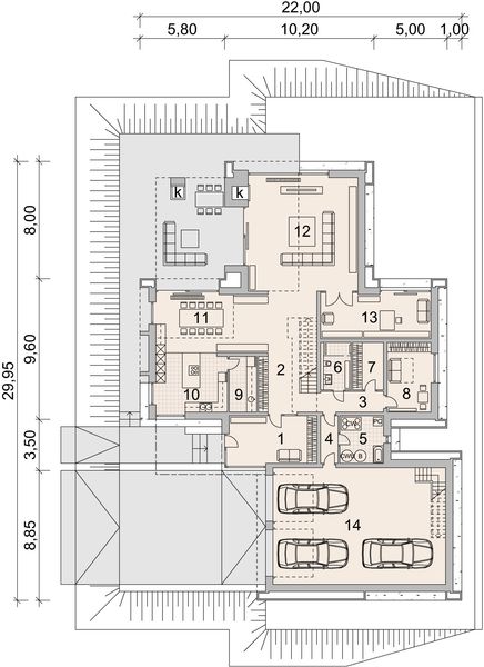 Projekt domu LK&1460 - rzut parteru, dom liczy 6 pokoje, 4 łazienki i wc