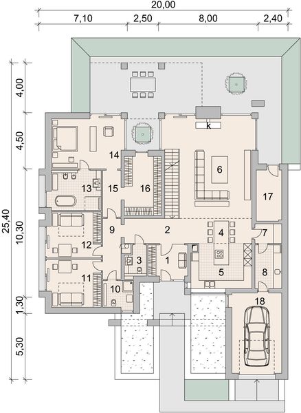 Projekt domu LK&1455 - rzut parteru, dom liczy 3 pokoje, 3 łazienki i wc