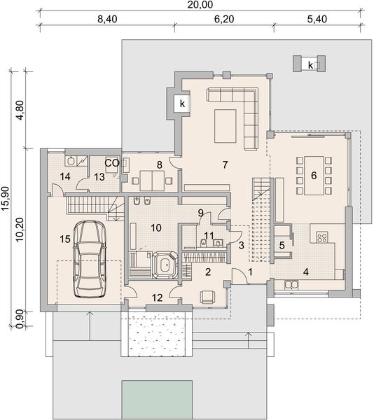 Projekt domu LK&1441 - rzut parteru, dom liczy 4 pokoje, 4 łazienki i wc