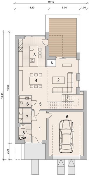 Projekt domu LK&1440 - rzut parteru, dom liczy 3 pokoje, 2 łazienki i wc