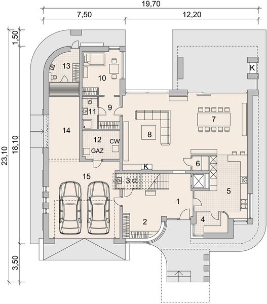 Projekt domu LK&1436 - rzut parteru, dom liczy 5 pokoje, 7 łazienki i wc