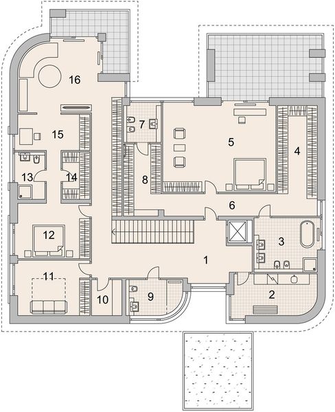 Projekt domu LK&1436 - rzut 1 piętra, dom liczy 5 pokoje, 7 łazienki i wc