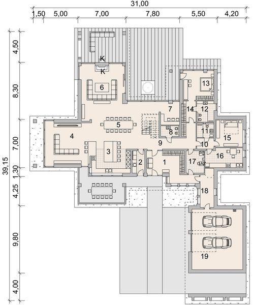 Projekt domu LK&1435 - rzut parteru, dom liczy 5 pokoje, 6 łazienki i wc
