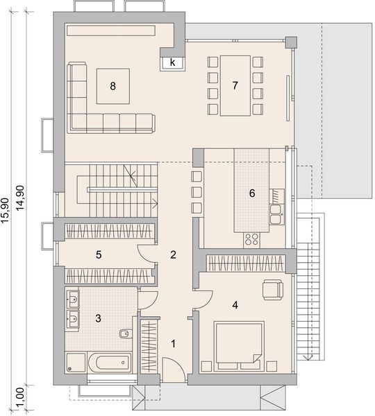 Projekt domu LK&1428 - rzut parteru, dom liczy 4 pokoje, 2 łazienki i wc