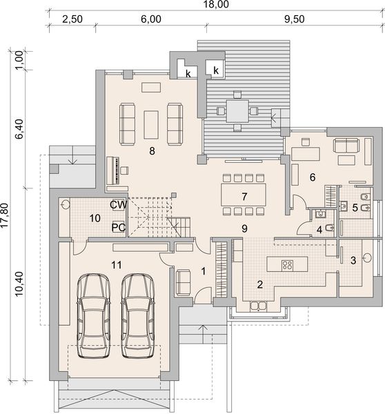 Projekt domu LK&1427 - rzut parteru, dom liczy 4 pokoje, 4 łazienki i wc