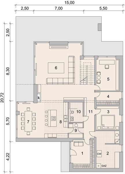 Projekt domu LK&1418 - rzut parteru, dom liczy 5 pokoje, 3 łazienki i wc