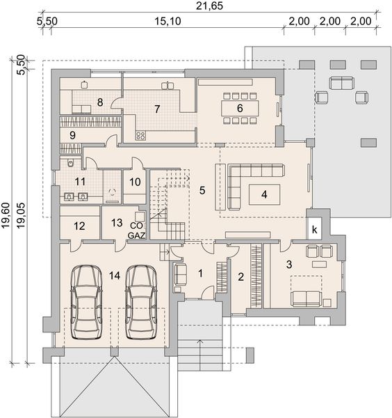 Projekt domu LK&1415 - rzut parteru, dom liczy 5 pokoje, 2 łazienki i wc