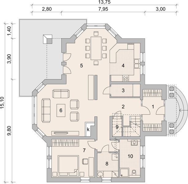 Projekt domu LK&1410 - rzut parteru, dom liczy 4 pokoje, 2 łazienki i wc