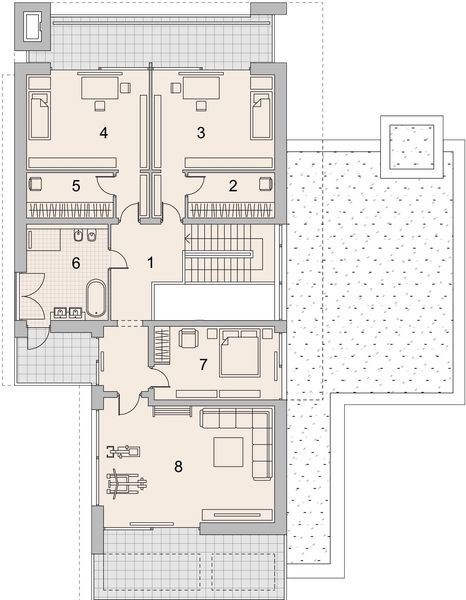 Projekt domu LK&1408 - rzut 1 piętra, dom liczy 4 pokoje, 3 łazienki i wc