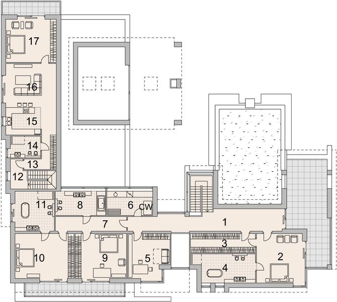 Projekt domu LK&1403 - rzut 1 piętra, dom liczy 6 pokoje, 7 łazienki i wc