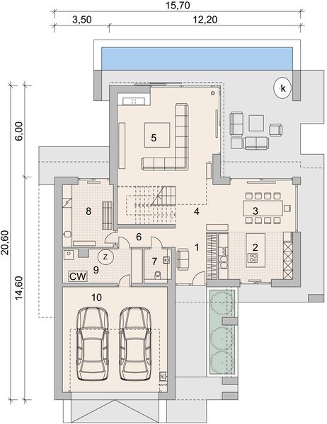 Projekt domu LK&1402 - rzut parteru, dom liczy 3 pokoje, 3 łazienki i wc