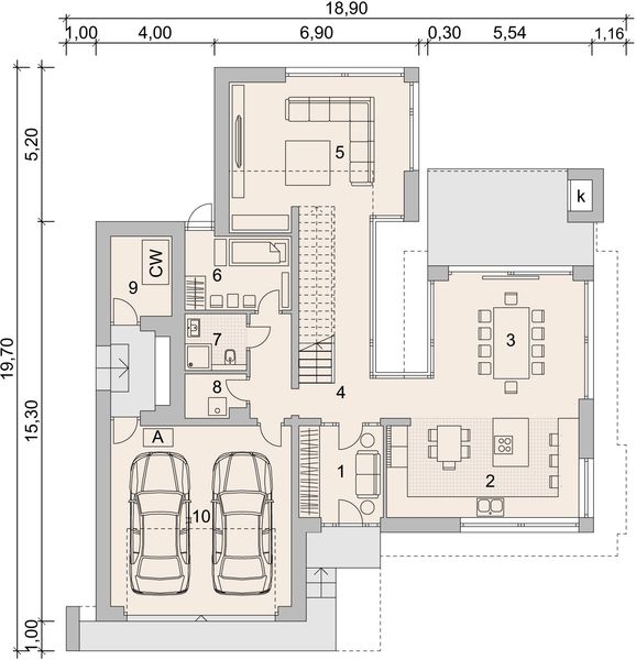 Projekt domu LK&1401 - rzut parteru, dom liczy 4 pokoje, 2 łazienki i wc
