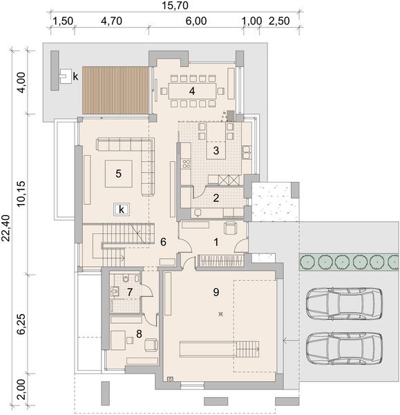 Projekt domu LK&1399 - rzut parteru, dom liczy 5 pokoje, 2 łazienki i wc
