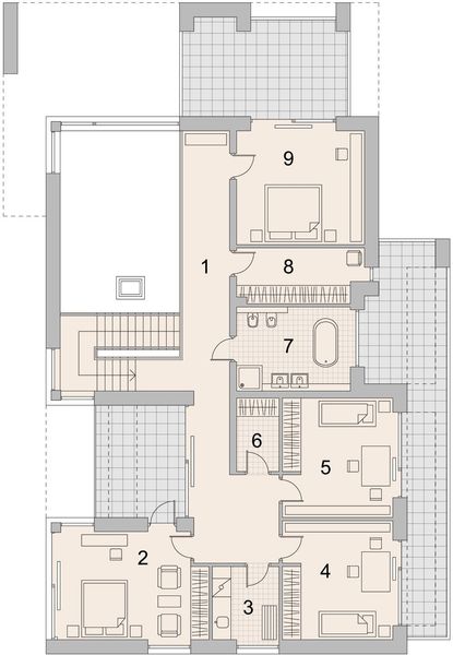 Projekt domu LK&1399 - rzut 1 piętra, dom liczy 5 pokoje, 2 łazienki i wc