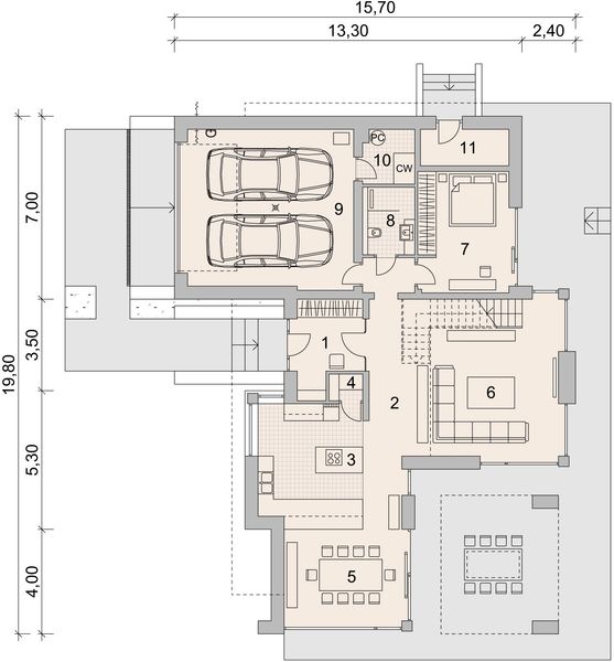 Projekt domu LK&1393 - rzut parteru, dom liczy 4 pokoje, 3 łazienki i wc