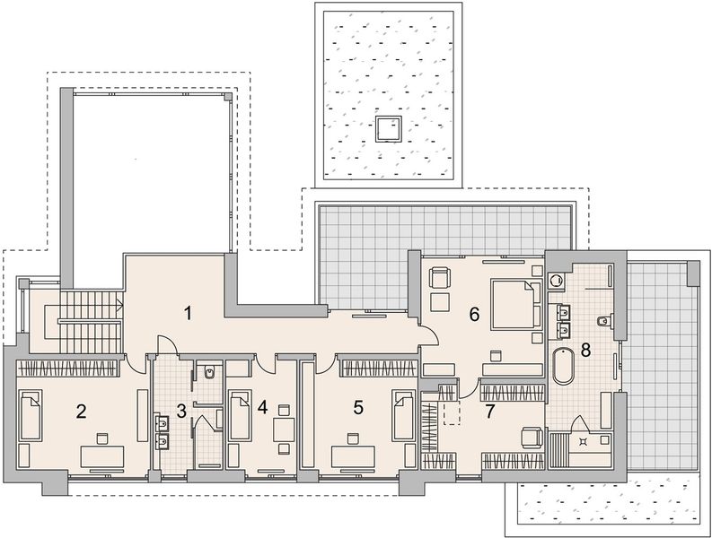 Projekt domu LK&1387 - rzut 1 piętra, dom liczy 5 pokoje, 4 łazienki i wc