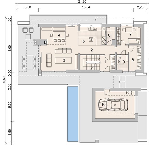 Projekt domu LK&1382 - rzut parteru, dom liczy 4 pokoje, 3 łazienki i wc
