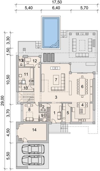 Projekt domu LK&1380 - rzut parteru, dom liczy 5 pokoje, 5 łazienki i wc
