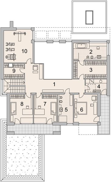 Projekt domu LK&1380 - rzut 1 piętra, dom liczy 5 pokoje, 5 łazienki i wc