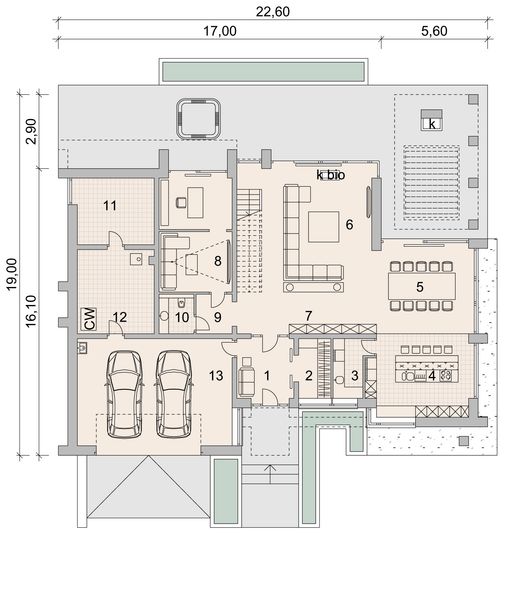 Projekt domu LK&1378 - rzut parteru, dom liczy 5 pokoje, 3 łazienki i wc