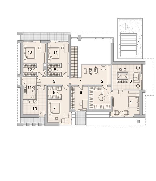 Projekt domu LK&1378 - rzut 1 piętra, dom liczy 5 pokoje, 3 łazienki i wc