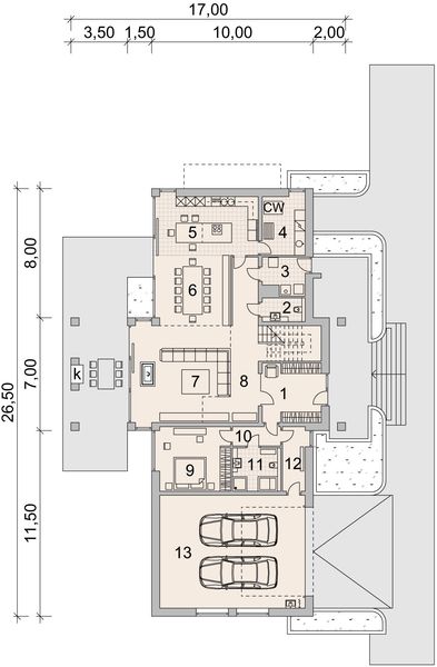 Projekt domu LK&1367 - rzut parteru, dom liczy 4 pokoje, 4 łazienki i wc