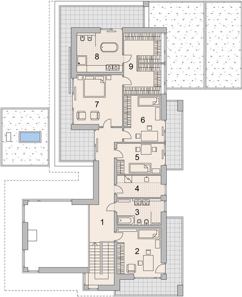 Projekt domu LK&1358 - rzut 1 piętra, dom liczy 5 pokoje, 3 łazienki i wc