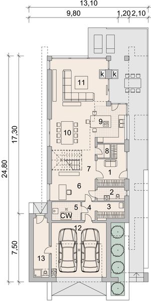 Projekt domu LK&1352 - rzut parteru, dom liczy 4 pokoje, 3 łazienki i wc