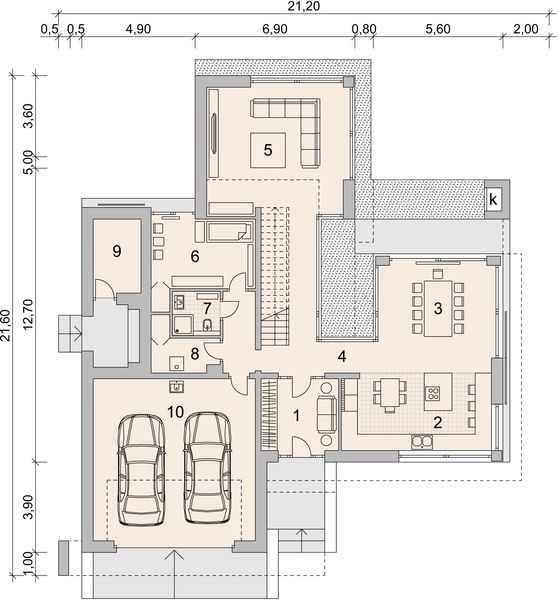 Projekt domu LK&1345 - rzut parteru, dom liczy 4 pokoje, 2 łazienki i wc