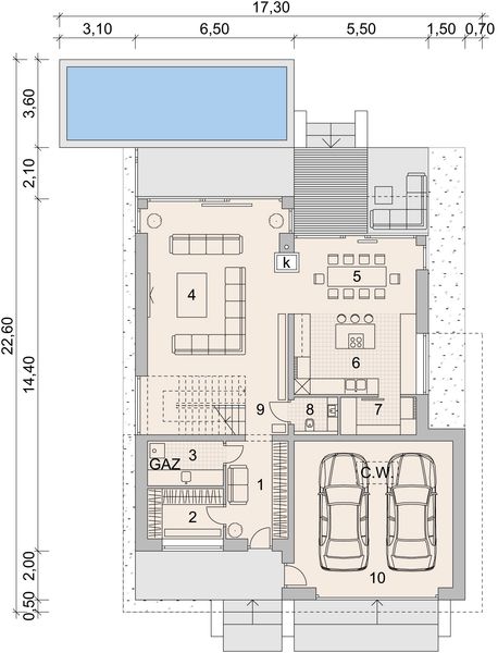 Projekt domu LK&1343 - rzut parteru, dom liczy 5 pokoje, 4 łazienki i wc