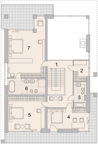 Projekt domu LK&1340 - rzut 1 piętra, dom liczy 6 pokoje, 4 łazienki i wc