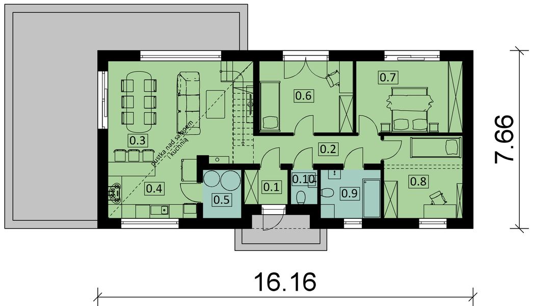 Projekt domu Ka237 - rzut parteru, dom liczy 3 pokoje, 2 łazienki i wc