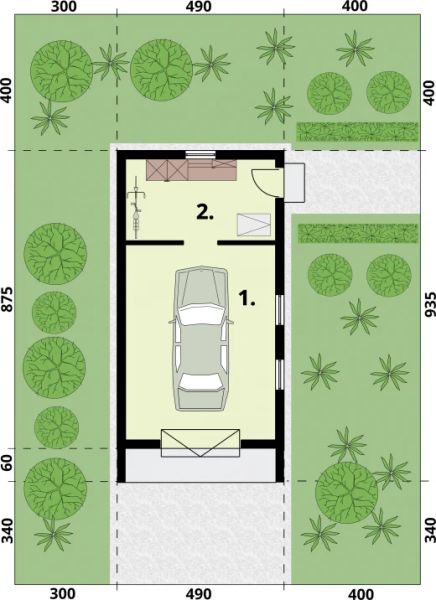 Projekt garażu G365 garaż jednostanowiskowy z pomieszczeniem gospodarczym - rzut parteru, dom liczy 0 pokoje, 0 łazienki i wc
