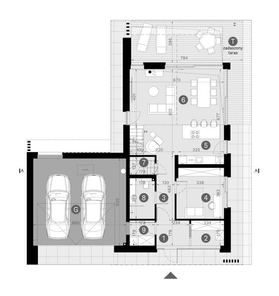 Projekt domu HomeKoncept 166 G2 wariant 01 - rzut parteru, dom liczy 4 pokoje, 3 łazienki i wc
